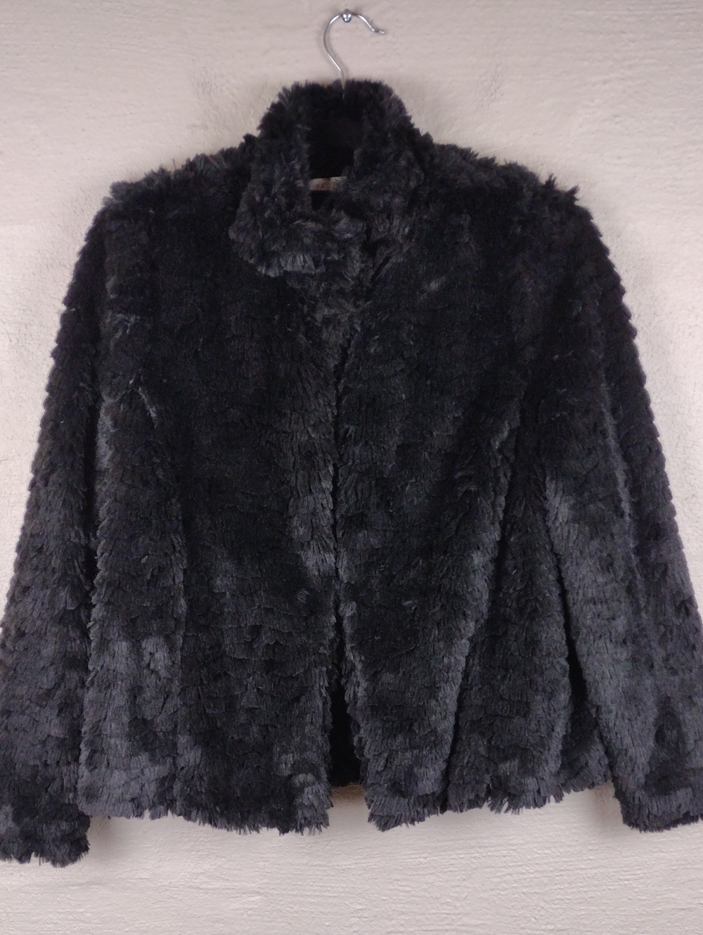 Fever Black Faux Fur Ribbed Plush Funnel Neck Hidden Closure Cropped Jacket Coat